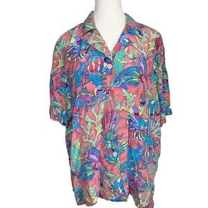 Ann May Silk Vintage Colorful Fish Print Button-Up Shirt
